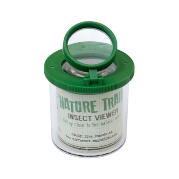 A clear container with a green lid and magnifying glass. There is a product flyer inside with the text 'Nature Trail Insect Viewer'.