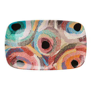 Top down view of a rectangular platter printed with artwork by Marianne Burton.