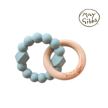 A teething toy featuring a silicone and wooden ring linked together.