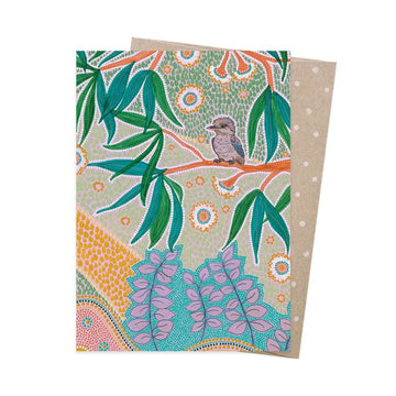 Greeting card with nature-themed design featuring leaves and a bird, on a white background.