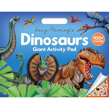 'Gary Fleming's Dinosaurs Giant Activity Pad' book cover featuring illustrations of different dinosaurs.