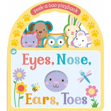 'Eyes, Nose, Ears, Toes' book cover featuring a book with a handle design and illustrations of different animals and flowers.