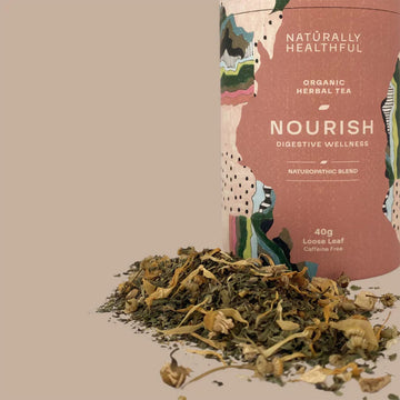 Tea packaging with colorful design and text on a beige background.