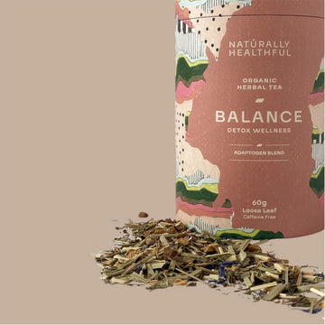 Tea canister labeled 'Naturally Healthful Balance' on a beige background.