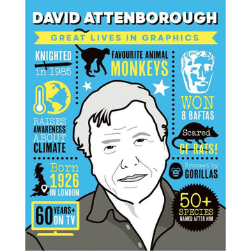 'David Attenborough Great Lives in Graphics' book cover featuring an illustration of David Attenborough surrounded by words and images.