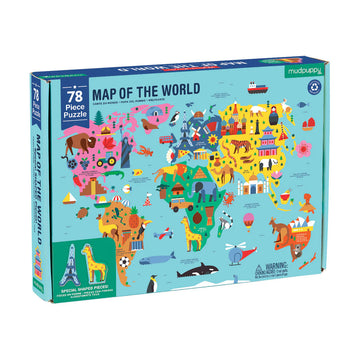 A puzzle box titled 'Map of the World' with a map and illustrations of icons in each country.