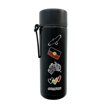 A black water bottle with Indigenous symbols on the front including the Aboriginal flag and a map of Australia.