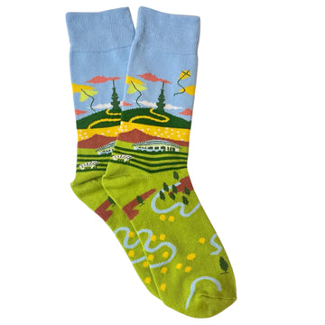 A pair of socks illustrated with a picture of the National Arboretum in Canberra.