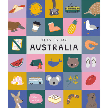 'This is My Australia' book cover featuring a grid design with Australian symbols in each square including a platypus, echidna, wattle and a  football.