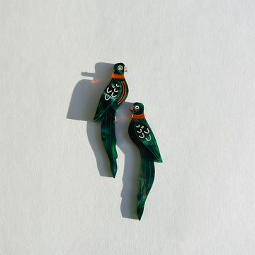 A pair of green bird shaped stud earrings.