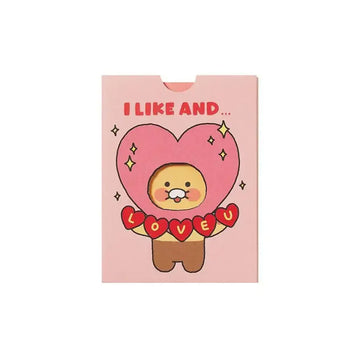 Card with a cartoon character holding a heart and text on a pink background.