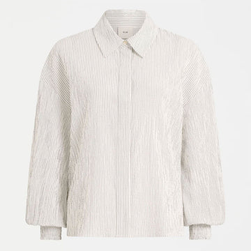 Front view of a women's shirt in white with black pin stripes.