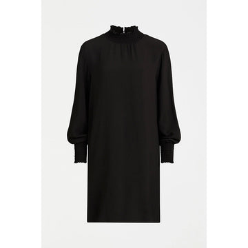 Front view of a black dress with a cuffed neckline and sleeves.