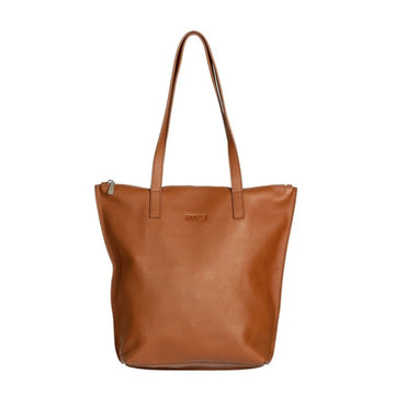 A tan tote with shoulder straps and Hoopla embossed in the front.
