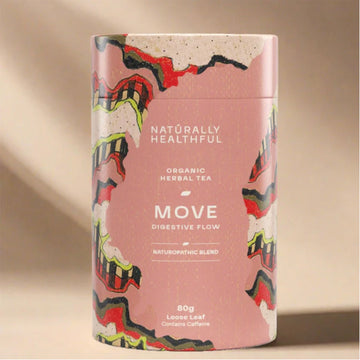 Tea canister with 'Naturally Healthful' branding on a beige background.