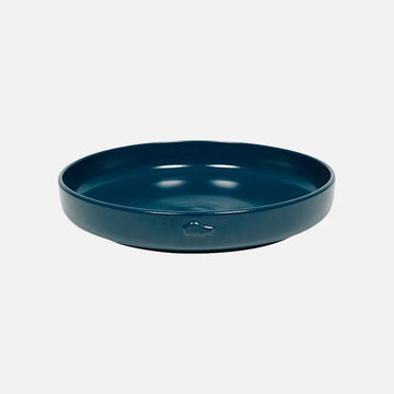 Blue ceramic dish on a light gray background.