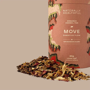 Tea canister with 'Naturally Healthful' branding on a beige background.