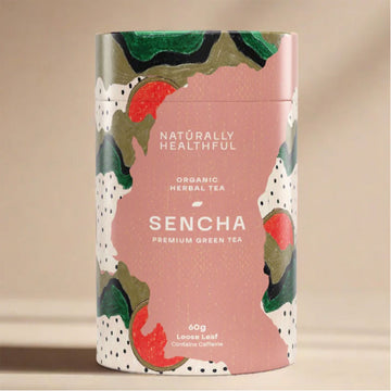 Tea canister with 'Naturally Healthful' branding on a beige background.