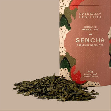 Tea canister with 'Naturally Healthful' branding on a beige background.