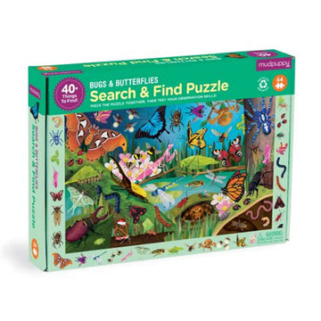 A puzzle box titled 'Search and Find Puzzle' with illustrations of butterflies and bugs in a nature setting.