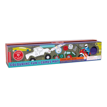 A long rectangle box illustrated with different cars, a motorbike, flags and tyres and the heading 'Colouring Fun and Games Mat'.