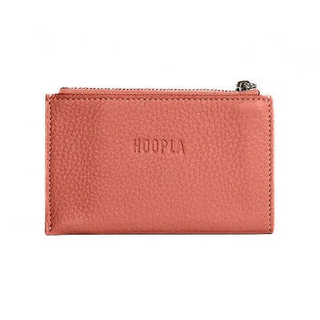 Front view of a terracotta card holder with a zip along the top.