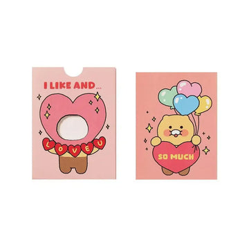 Card with a cartoon character holding a heart and text on a pink background.