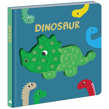 A board book titled 'Dinosaur' with a green triceratops on the front with spots and other colourful dinosaurs around the cover.