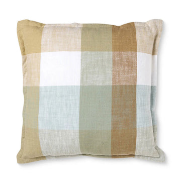 Checkered square cushion with a pattern of brown, beige, and white on a white background.