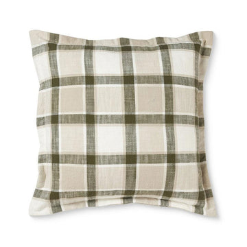 Plaid pillow with green and beige pattern on a white background.