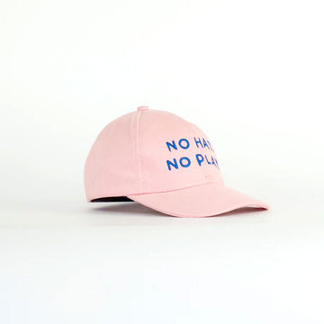 Pink cap with 'No Hat No Play' text on a white background.
