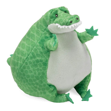 Green plush crocodile toy with a white belly on a white background.