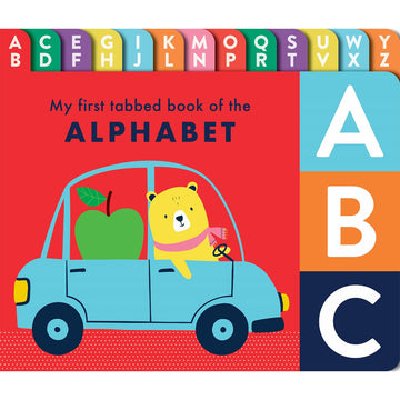 'My first tabbed book of the Alphabet' book cover featuring an illustration of a yellow bear driving a car with an apple in the back and the alphabet in tabs along the top of the book.