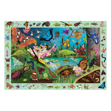 A puzzle box titled 'Search and Find Puzzle' with illustrations of butterflies and bugs in a nature setting.