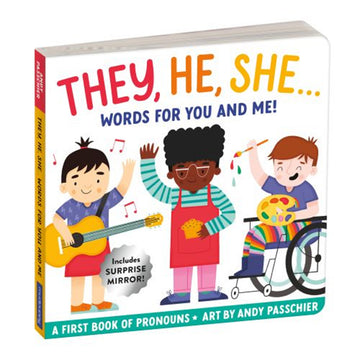 'They, He, She' book cover featuring an illustration of three children waving. The child on the left is holding a guitar, the middle child is holding a muffin and the right child is sitting in a wheelchair holding a paint pallet and brush.