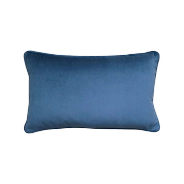 Blue velvet rectangle cushion on a white background.