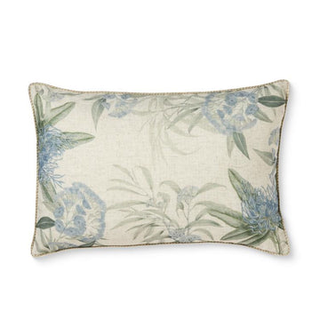 Decorative pillow with floral pattern on a white background.