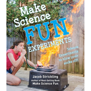 'Make Science Fun Experiments' book cover featuring a photo of a child experimenting with blowing to create fire.