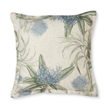 Decorative pillow with floral pattern on a white background.