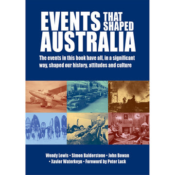 'Events That Shaped Australia' book cover featuring black and white photos with colour filters showing a plane, a line of cars, bushfires and a family in a living room.