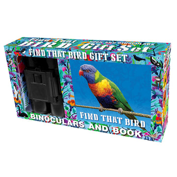 A box set of a pair of binoculars and a book with a photo of a rainbow lorikeet on the front.