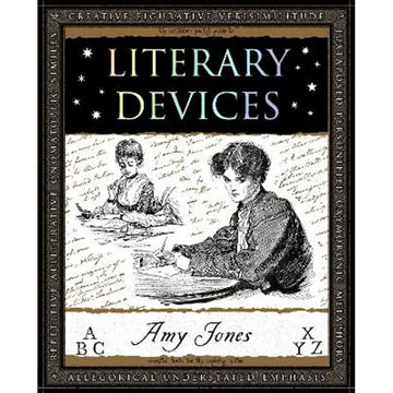 Book cover of 'Literary Devices' by Amy Jones with black and white illustration of two women at a desk.