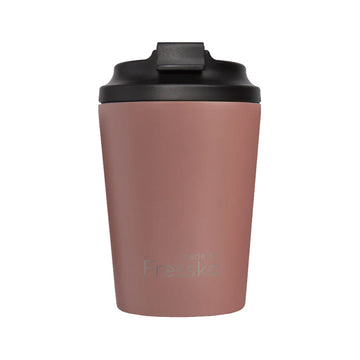 A travel mug in a brown tuscan colour with a black lid.