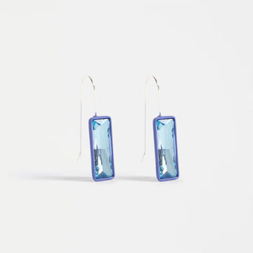 Blue rectangular jewel hook earrings on a white background.