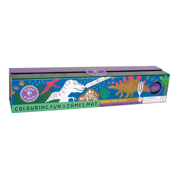 A long rectangle box illustrated with dinosaurs and the heading 'Colouring Fun and Games Mat'.