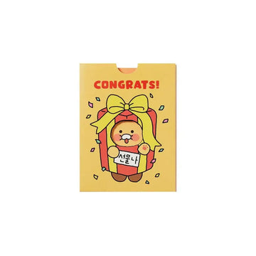Yellow card with cartoon character and 'Congrats!' text on a white background.