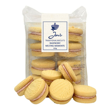 A packet of biscuits standing up in clear packaging with a pile of the biscuits sitting in front.
