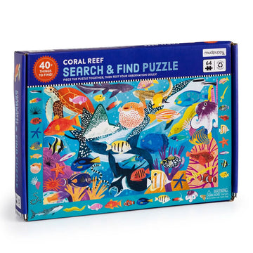 A puzzle box titled 'Search and Find Puzzle' with an illustration of lots of different fish and sea animals in coral.