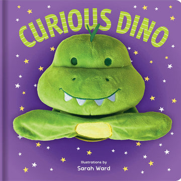 'Curious Dino' book cover featuring a green dinosaur hand puppet attached to the front of the purple starry cover.