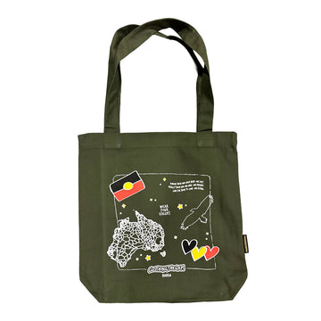 A khaki green tote bag illustrated with a map of Australia, the Aboriginal flag, an eagle and three coloured hearts.